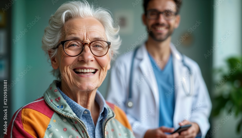 Elderly woman smiles warmly at medical professional. Positive interaction. Health care setting. Kind doctor caring for senior. Happy patient. Warm moment. Friendly environment. Joyful relationship. Elderly woman smiles warmly at medical professional. Positive interaction. Health care setting. Kind doctor caring for senior. Happy patient. Warm moment. Friendly environment. Joyful relationship.