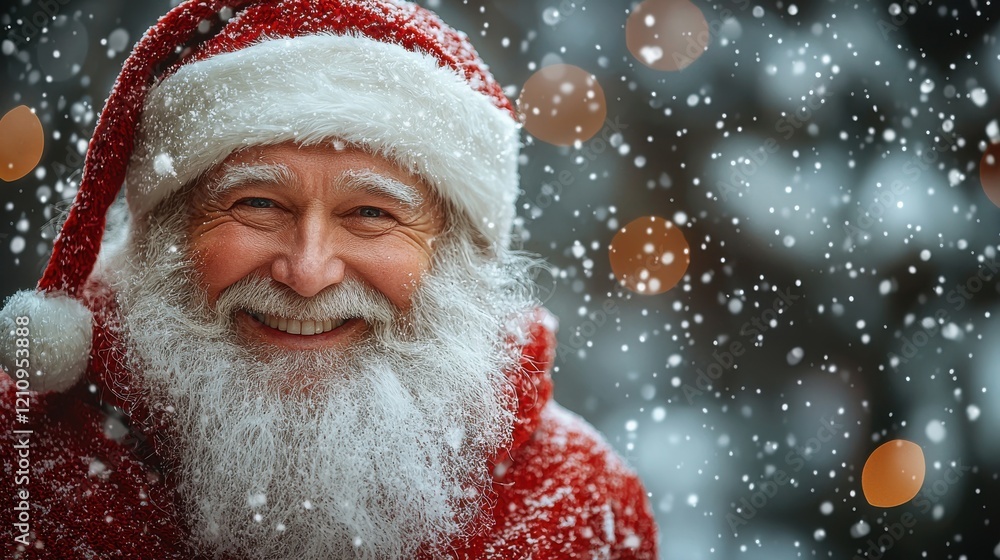 Santa Claus joyfully smiles in a snowy winter setting with soft bokeh lights during the holiday season Santa Claus joyfully smiles in a snowy winter setting with soft bokeh lights during the holiday season