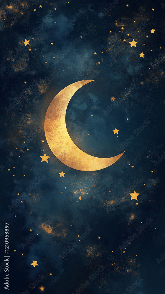 Naklejka premium Golden crescent moon shining bright in starry night sky