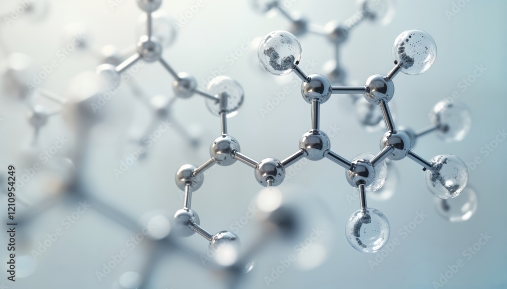 3d model of molecule. Metal spheres, transparent spheres show atomic structure. Science graphic for medical pharmaceutical use. Chemical pharmaceutical illustration for research educational use. 3d model of molecule. Metal spheres, transparent spheres show atomic structure. Science graphic for medical pharmaceutical use. Chemical pharmaceutical illustration for research educational use.
