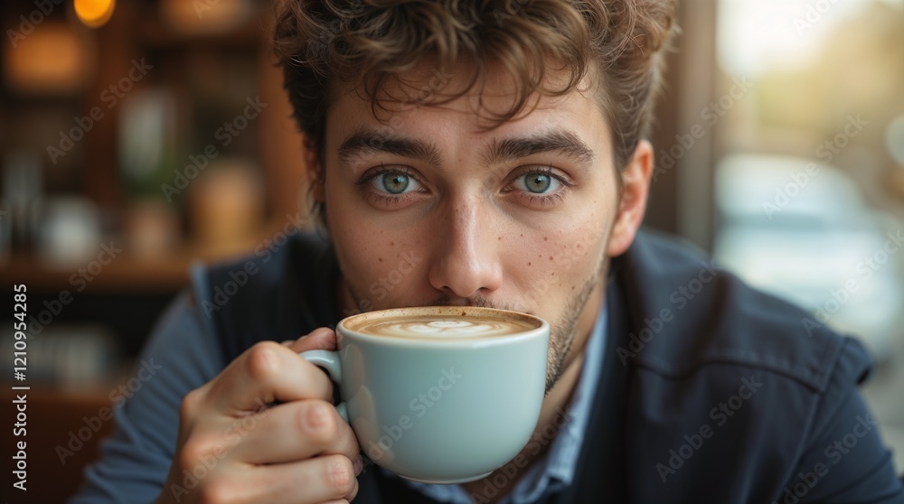 Close-Up of a Man Enjoying His Morning Cappuccino or Flat White Close-Up of a Man Enjoying His Morning Cappuccino or Flat White