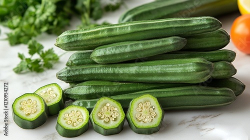 Freshly Picked Okra Arrangement – Natural Texture and Vibrant Colors of Okra Pods Conveying Freshness and Nutritional Value photo