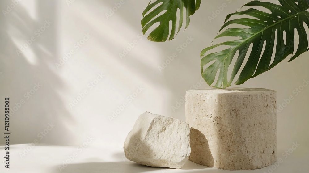 Minimalist scene with stone podium, tropical leaves, and sunlight. Minimalist scene with stone podium, tropical leaves, and sunlight.