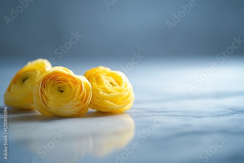 Three yellow ranunculus flowers on marble surface.