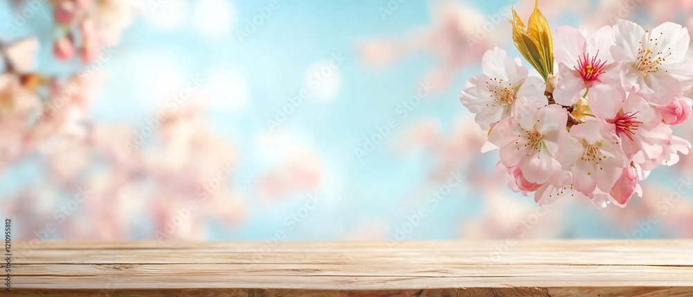 Spring blossom background with wooden table and pastel sky for product display or mockup Spring blossom background with wooden table and pastel sky for product display or mockup