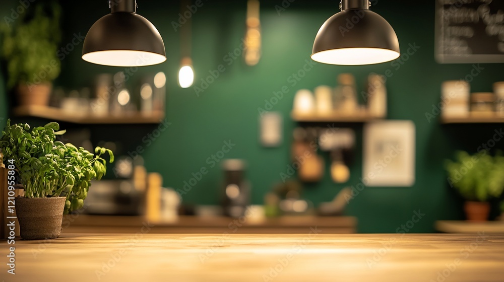 Empty wooden counter in a dimly lit cafe with green walls and shelves. Empty wooden counter in a dimly lit cafe with green walls and shelves.