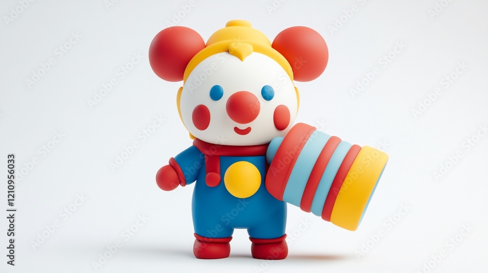 Naklejka premium Playful 3D rendered cartoon clown character holding a colorful toy.