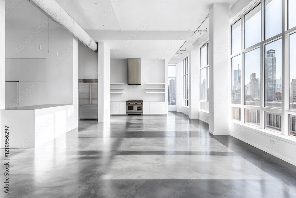 Fototapeta premium Modern minimalist apartment with city view, polished concrete floors, and large windows.