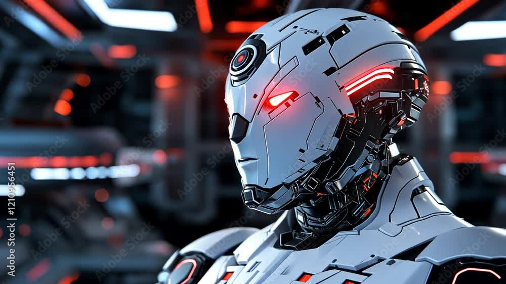A futuristic robotic head with glowing accents in a high-tech environment. A futuristic robotic head with glowing accents in a high-tech environment.