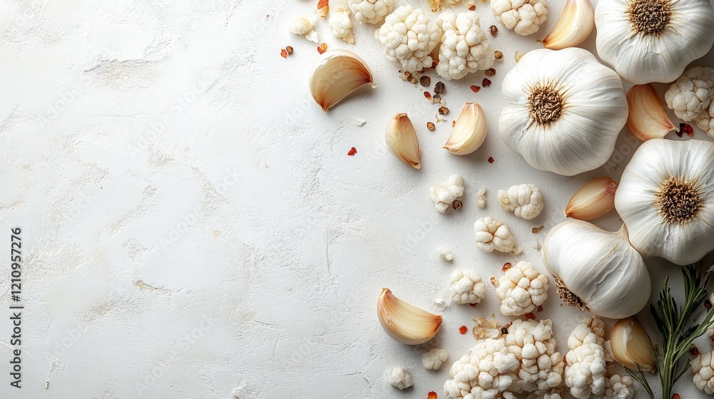 Fototapeta premium Fresh Whole Garlic Bulbs and Scattered Cloves in Natural Setting, Organic Ingredients for Cooking and Seasoning
