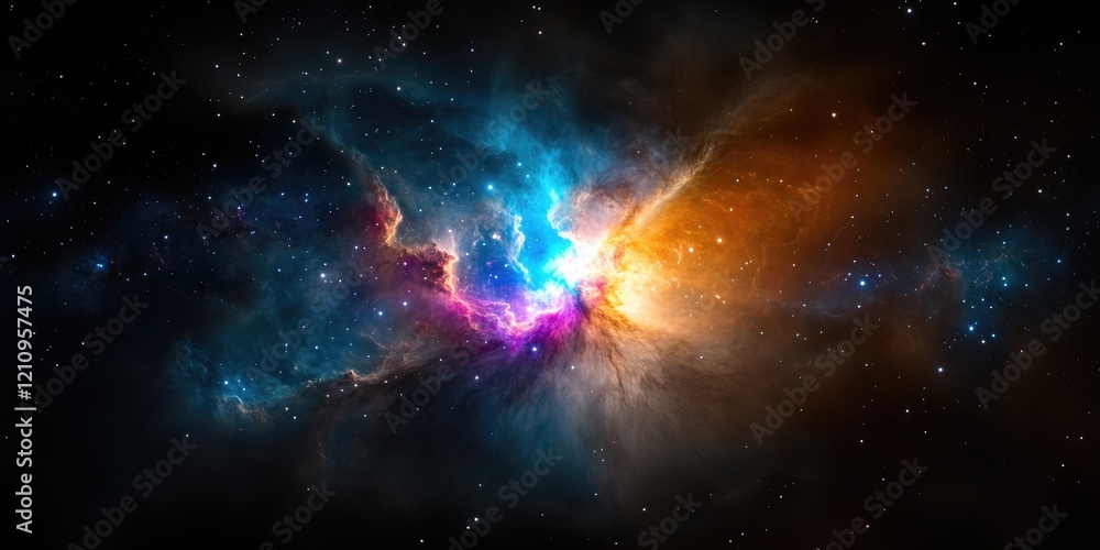 Naklejka premium A vibrant nebula bursts with color against a backdrop of dark space, showcasing a cosmic collision of blue, orange, and pink hues. The image evokes a sense of wonder and the vastness of the universe.