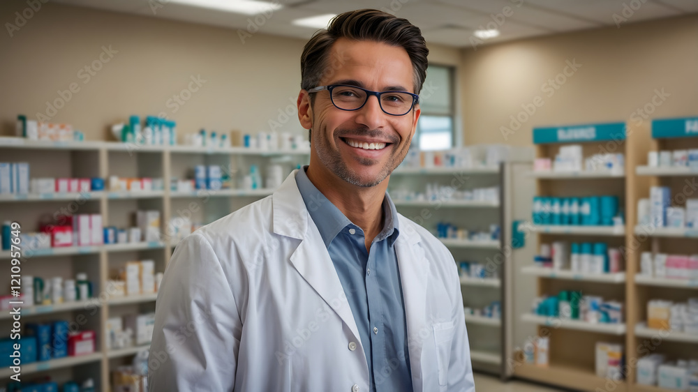 Smiling pharmacist in a clean and well-organized pharmacy.  He's ready to assist customers with their healthcare needs.