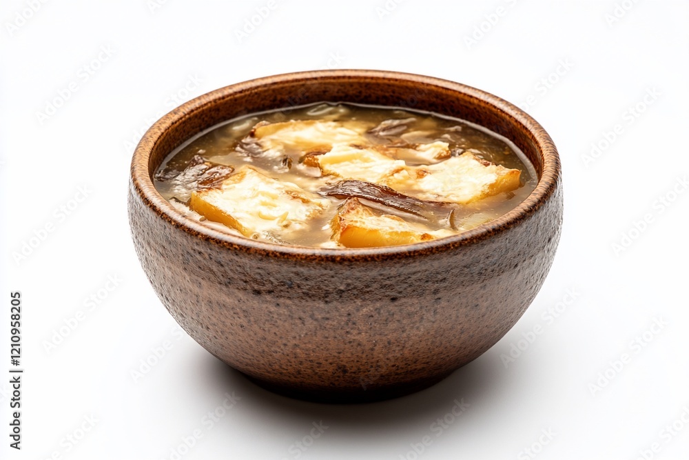Delicious French onion soup in a rustic bowl. Delicious French onion soup in a rustic bowl.