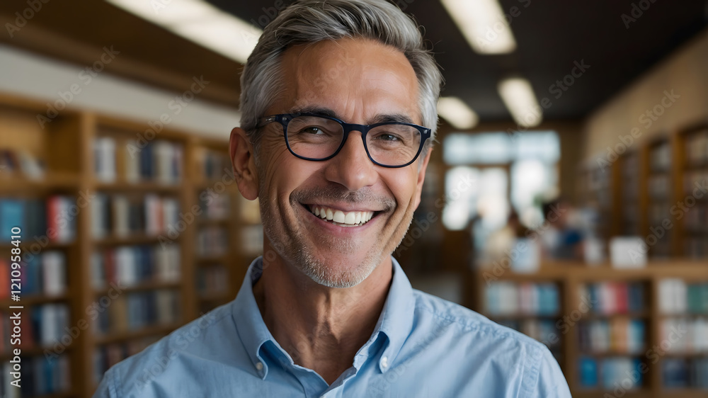 Smiling man in glasses, in a library setting. Positive and approachable. Smiling man in glasses, in a library setting. Positive and approachable.