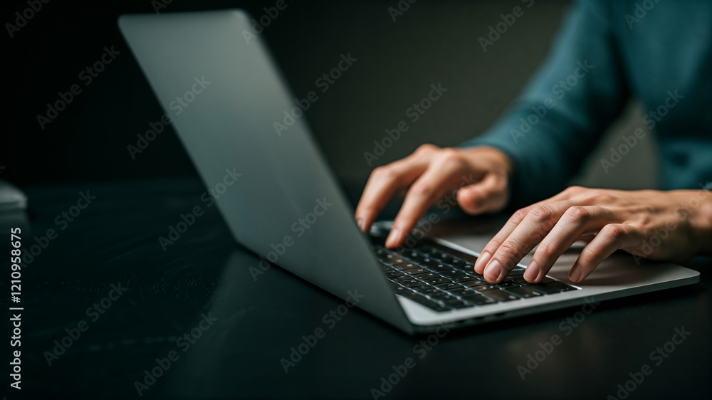 Person working on a laptop in a dimly lit room. Person working on a laptop in a dimly lit room.