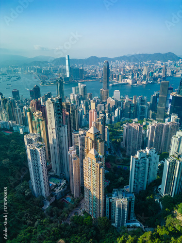 Vertical aerial view of Hong Kong city in daytime