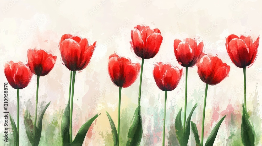 Obraz premium Red tulips watercolor painting, garden background, spring decor