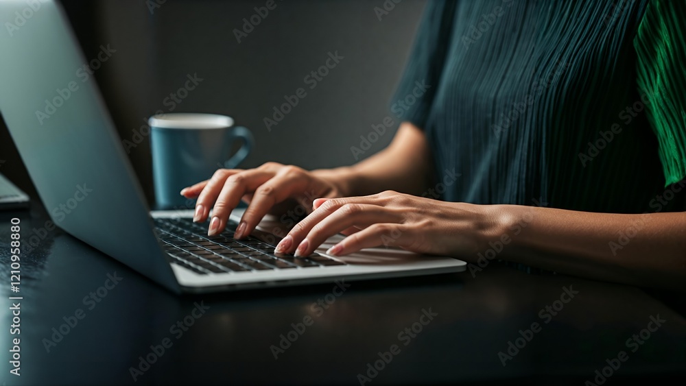 Person typing on laptop with coffee cup in the background. Person typing on laptop with coffee cup in the background.