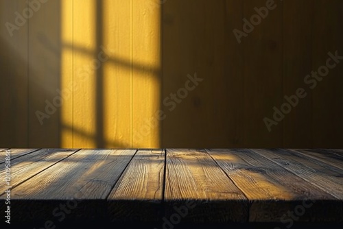 Rustic wooden table with window shadow on yellow wall.
