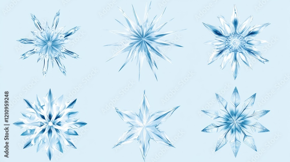 Six ice crystals on blue background, winter design element Six ice crystals on blue background, winter design element