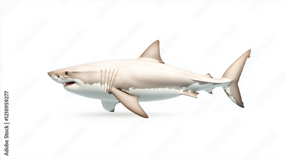 Naklejka premium realistic illustration of great white shark swimming gracefully in water.