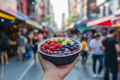 Acai bowl with berries held in hand against a busy city street background. photo