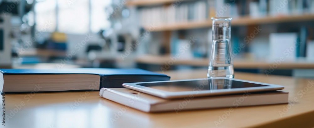 Obraz premium Tablet, books, and beaker on a table in a blurred library background.