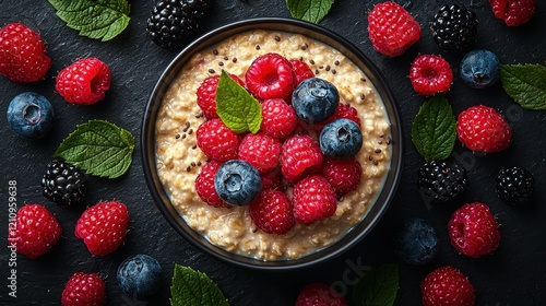 Creamy Oatmeal with Berries, Overhead Shot photo