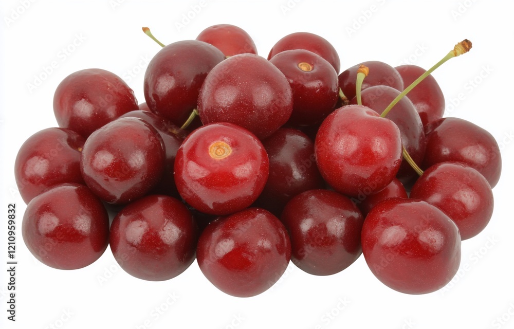 A pile of fresh, ripe red cherries isolated on white background.