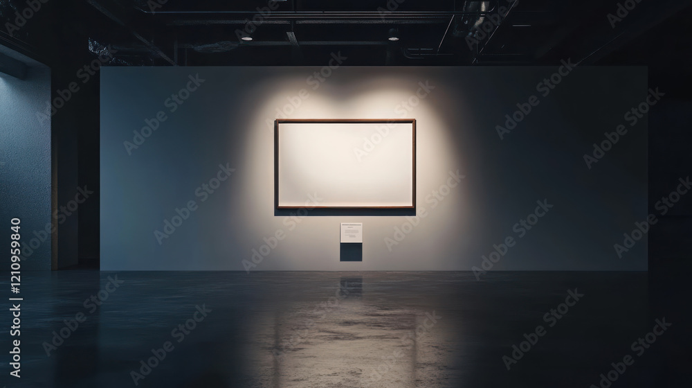 An empty white painting in frame hangs on wall in dark room, spotlight illuminating it, creating cinematic atmosphere
