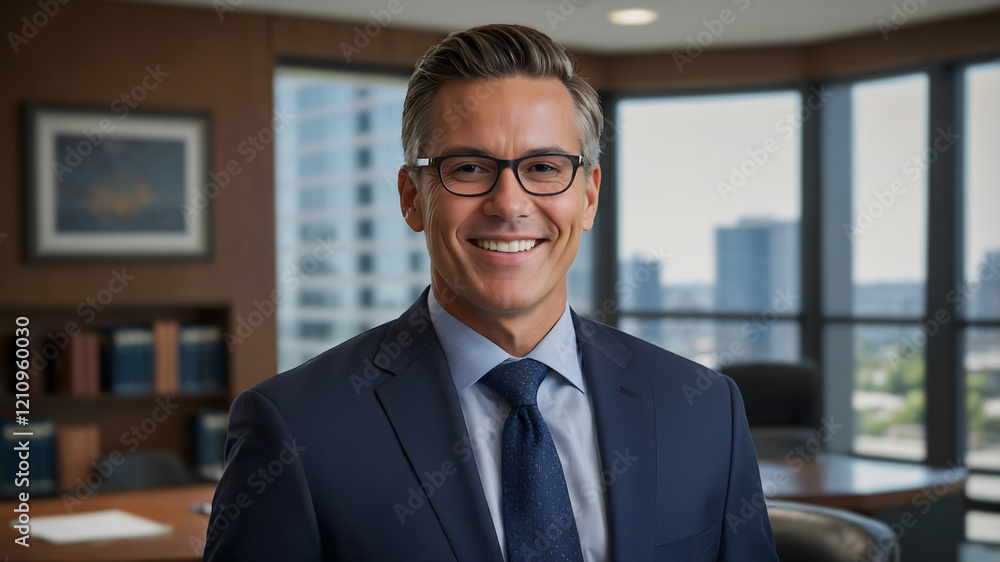 Fototapeta premium Smiling businessman in a modern office, looking directly at the camera. A professional headshot perfect for corporate use.