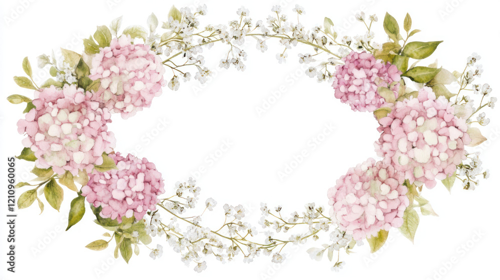 An Elegant floral border with blush pink hydrangeas, baby breath, and soft green foliage in oval frame, perfect for designs An Elegant floral border with blush pink hydrangeas, baby breath, and soft green foliage in oval frame, perfect for designs