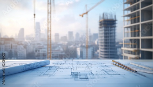 Blueprint on desk with city construction site background.