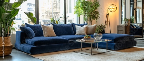 Modern blue sectional sofa in urban loft, city view photo