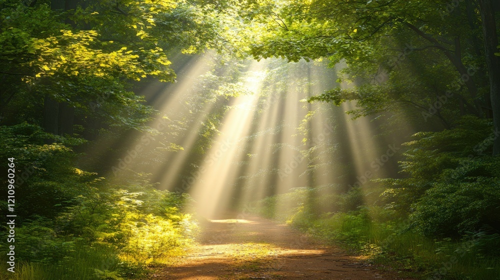 Sunbeams in forest path, morning mist, peaceful nature scene, ideal for meditation or travel Sunbeams in forest path, morning mist, peaceful nature scene, ideal for meditation or travel