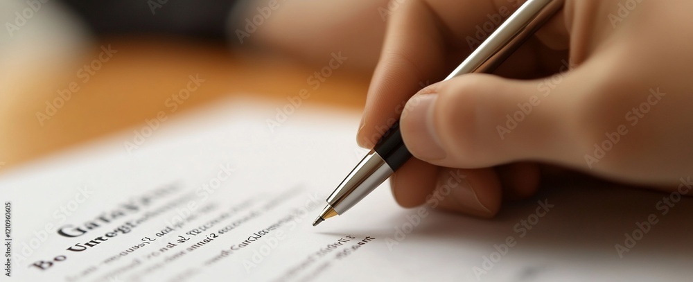 Close-up of a hand signing a document with a pen. Close-up of a hand signing a document with a pen.