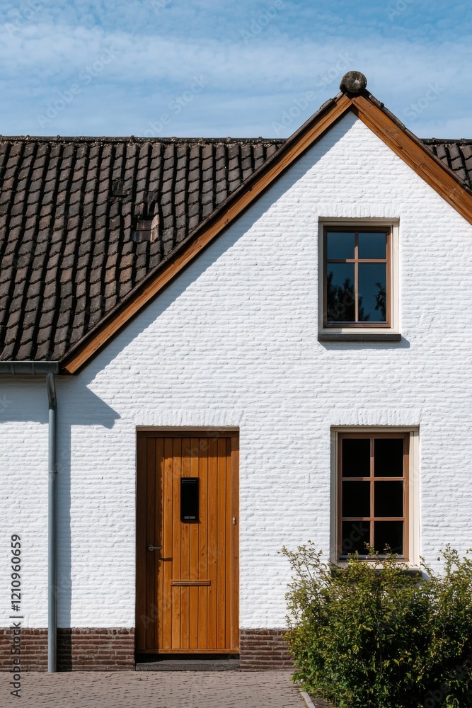 This contemporary rustic-style house, featuring a pristine white facade and a charming wooden door, is nestled in a tranquil residential neighborhood beneath a bright, clear blue sky This contemporary rustic-style house, featuring a pristine white facade and a charming wooden door, is nestled in a tranquil residential neighborhood beneath a bright, clear blue sky