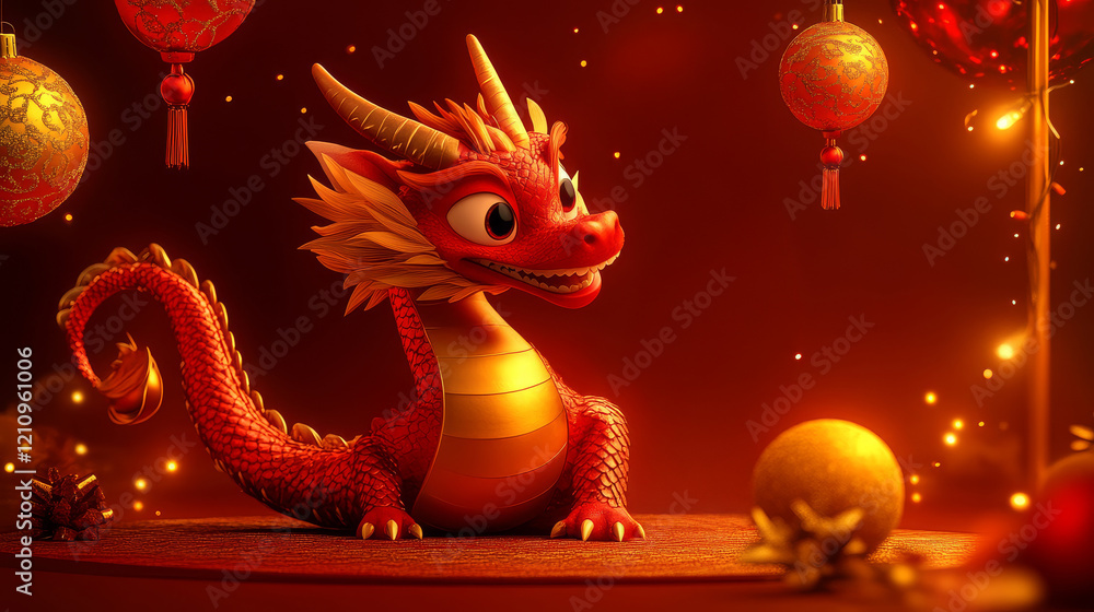 Fototapeta premium A cute, animated dragon with vibrant colors sits in a festive setting, surrounded by lanterns and decorations, exuding a joyful, magical atmosphere.