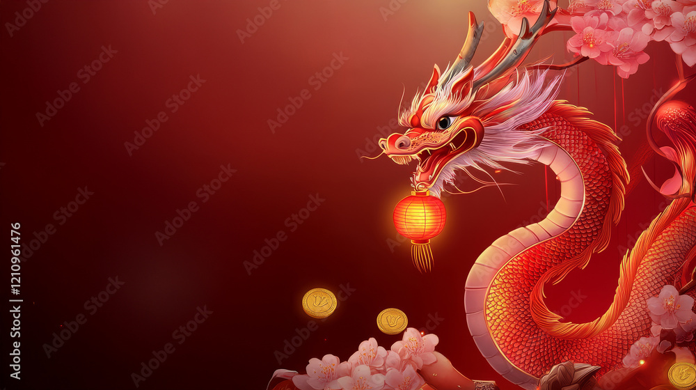 Fototapeta premium A majestic red dragon holds a lantern amidst clouds and golden coins, symbolizing prosperity and strength in a vibrant, mystical atmosphere.