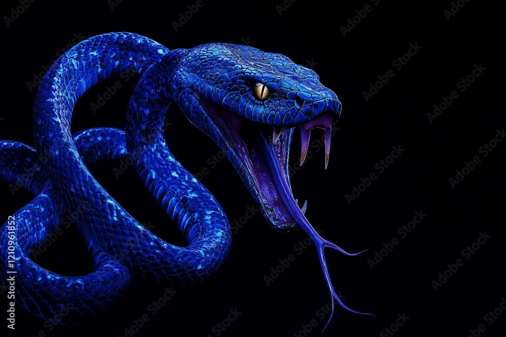 Fototapeta premium Striking blue viper with fangs, coiled, black background.