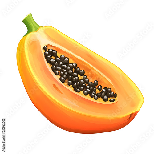 a papaya fruit juicy cutted half horitzontal frontal view white background vector style photo