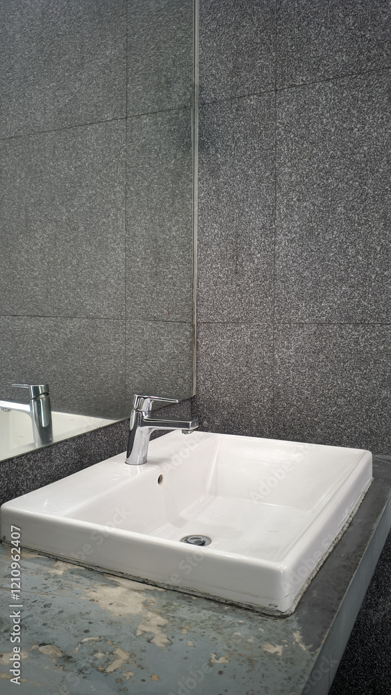 Fototapeta premium A spotless and modern wash basin with a sleek design, equipped with a clean faucet and mirror. Ideal for public or private spaces, ensuring hygiene and convenience for washing hands or face.