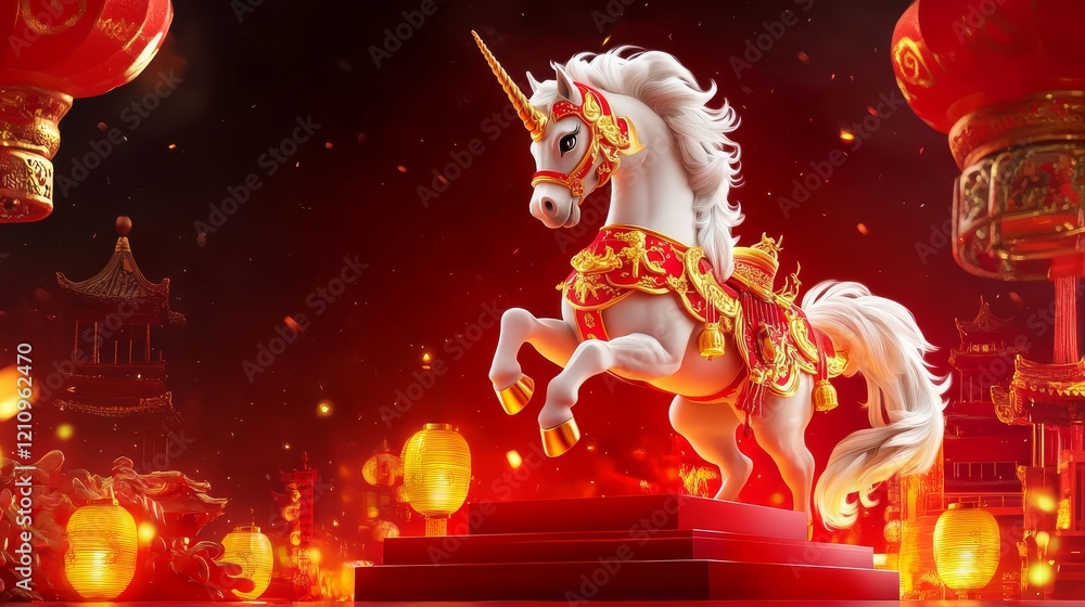 Fototapeta premium A majestic unicorn adorned in red and gold, surrounded by glowing lanterns, symbolizing prosperity and celebration in a vibrant festival setting.