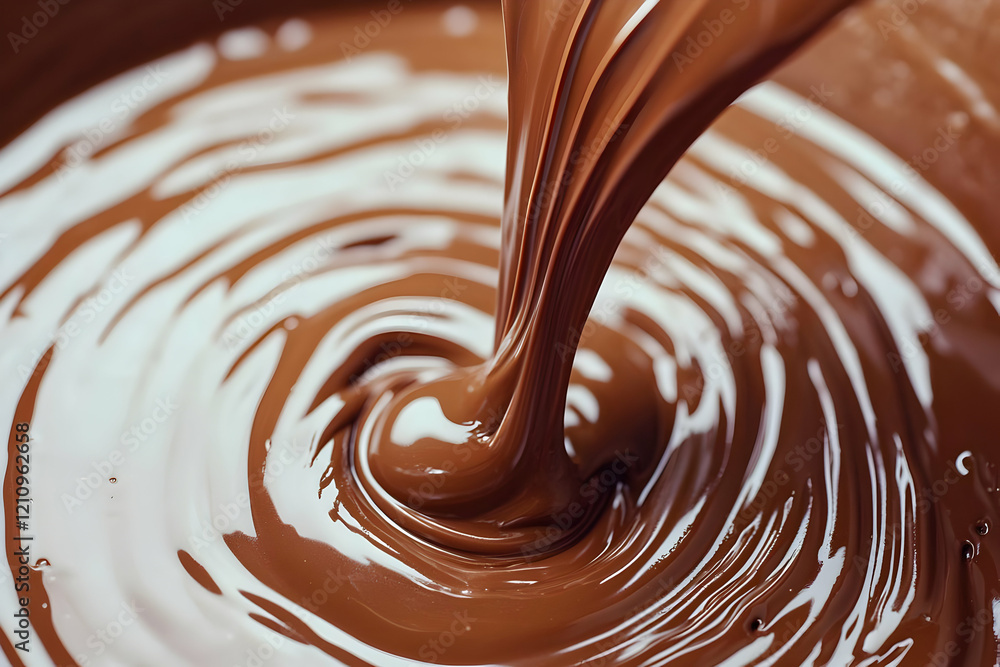 Close-up of Melted Chocolate Pouring in Swirling Motion, Creating a Rich and Luxurious Texture Close-up of Melted Chocolate Pouring in Swirling Motion, Creating a Rich and Luxurious Texture