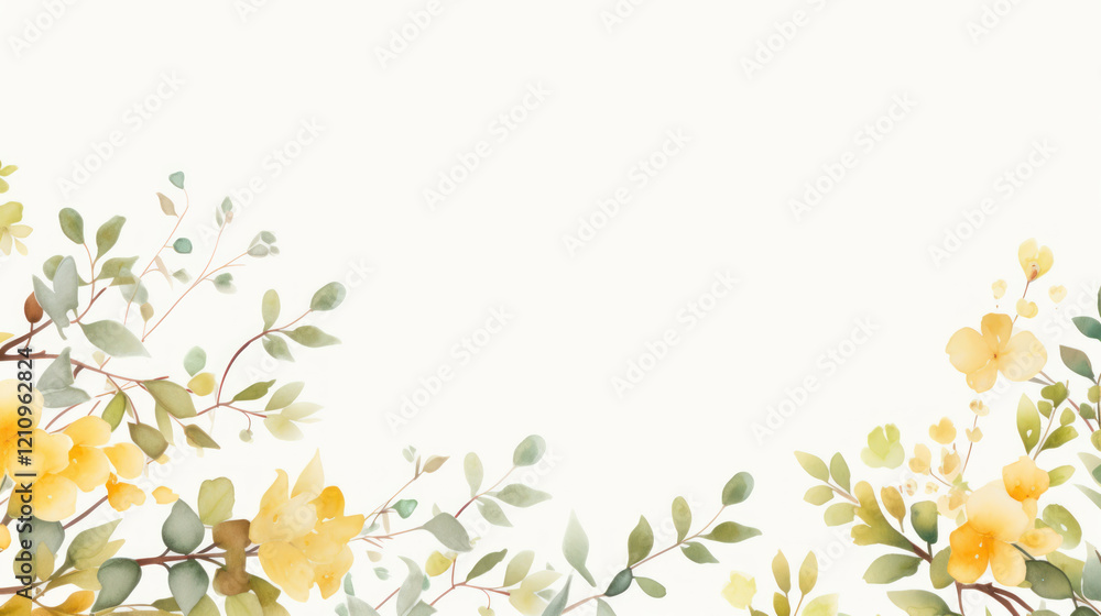 A light floral border with soft yellow buds and green leaves framing white background, creating elegant and refreshing design A light floral border with soft yellow buds and green leaves framing white background, creating elegant and refreshing design
