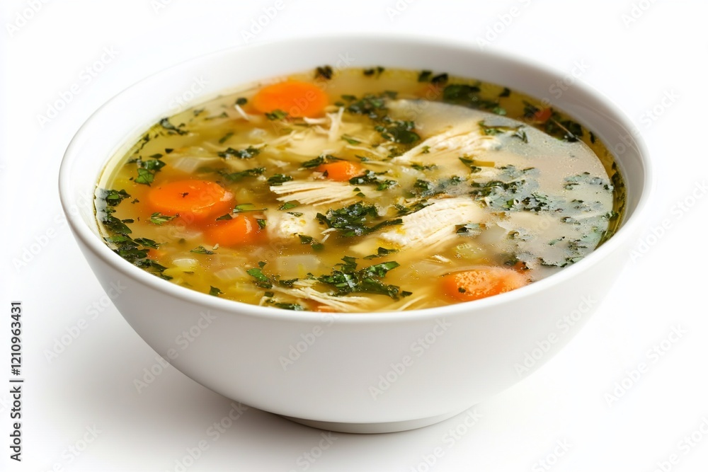Bowl of chicken soup with carrots, vegetables, and herbs. Bowl of chicken soup with carrots, vegetables, and herbs.