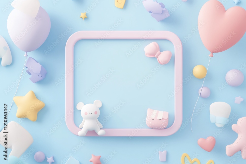 Pastel-colored 3D rendered scene with a blank frame, toys, and balloons. Pastel-colored 3D rendered scene with a blank frame, toys, and balloons.