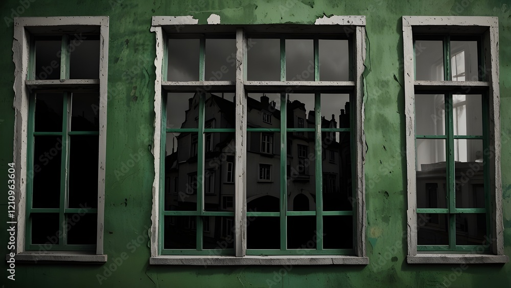 Fototapeta premium composition with green old window and monochrome windows. Generative AI