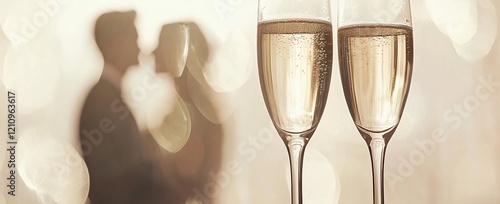 Two champagne flutes with a blurred romantic couple in the background. photo