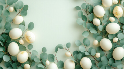 Arrangement of Eggs and Eucalyptus Sprigs on Pale Green Background